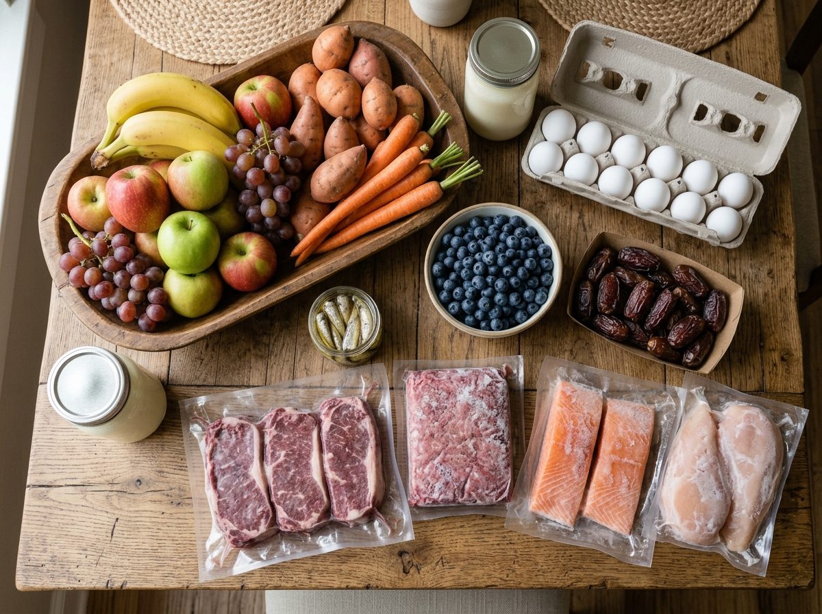 Holztisch von oben mit Obst, Gemüse, Eiern, Blaubeeren, Datteln, Sardinen sowie vakuumiertem Steak, Hack, Lachs und Hähnchen